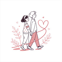 Romantic Couple Walking Hand in Hand – Cute Love Illustration with Heart and Floral Elements