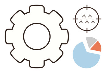 Gear cog signifies process optimization, target group denotes focus on people or customers, pie chart illustrates data analysis. Ideal for teamwork, strategy, efficiency, focus, analytics