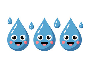 Three happy cartoon water drops with smiling faces and rosy cheeks on a white background