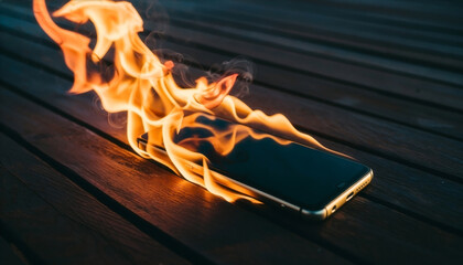 Mobile phone on fire resting on wood showing severe overheating damage and hazardous battery failure