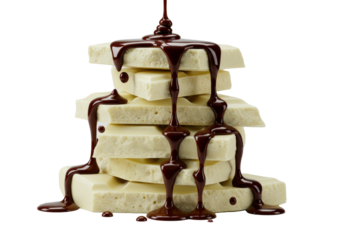 Dynamic stack of jagged, glossy white chocolate shards with rich dark chocolate drizzle, macro view, razor-sharp focus, cinematic rim lighting. Concept of decadent gourmet confectionery