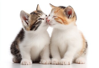 Obraz premium Two adorable kittens sharing a sweet kiss on a white background