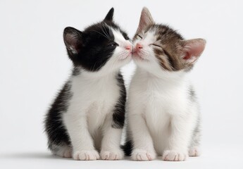Fototapeta premium Two cute kittens one black and white kissing a tabby kitten