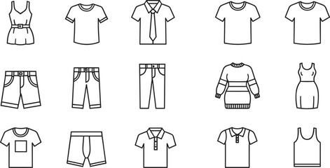 Casual Clothing and Fashion Garment Outline Icon Set Vector