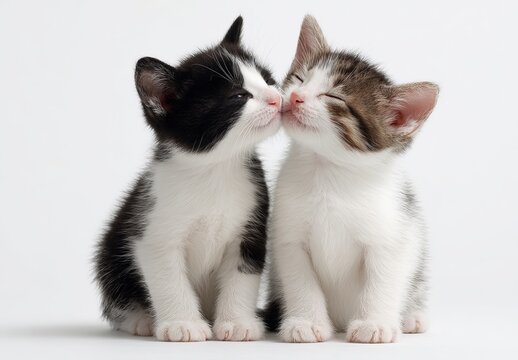 Two cute kittens one black and white kissing a tabby kitten