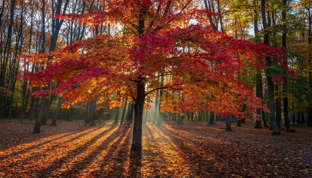 Golden Autumn Canopy: A vibrant autumnal scene unfolds, where a single tree, ablaze with fiery red and orange leaves, stands amidst a forest bathed in the warm, golden hues of the setting sun.