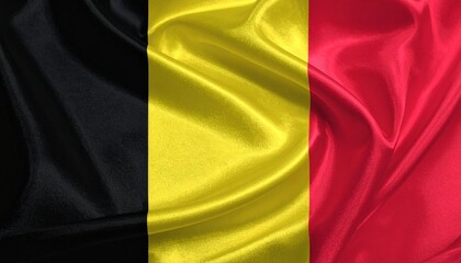 Fototapeta premium Belgian national flag with black, yellow, and red vertical stripes on glossy folded fabric