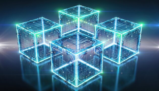 Digital Cubes in Innovation: Illuminated interconnected digital cubes, symbolizing data and innovation, glow against a dark backdrop, creating a futuristic and technologically advanced visual