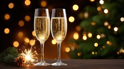 Two champagne glasses with sparkler, pine cone, and festive bokeh lights for celebration