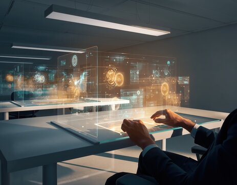 Visionary Interaction: A person engages with a cutting-edge futuristic interface, immersed in a digital environment brimming with complex data visualizations.