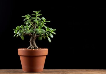 Fototapeta premium A small, carefully cultivated bonsai jade plant thriving in a rustic terracotta clay pot, showcasing thick succulent leaves and woody growth ,container ,thriving ,decoration