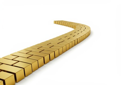 A shimmering path constructed entirely of polished gold bricks set against a pure, stark white background ,isolated, pure, riches