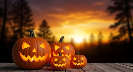 Four glowing carved halloween pumpkins with spooky faces sit on a wooden surface against a dramatic sunset sky with trees