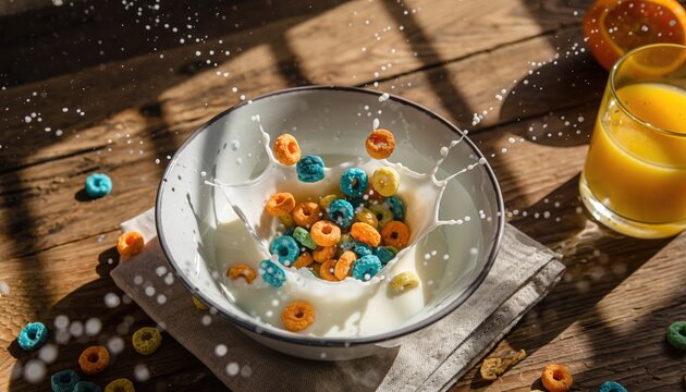 Breakfast Cereal Splash: Capturing the playful energy of breakfast with a bowl of colorful cereal as it interacts with milk, and sunlight dances across the wooden table.
