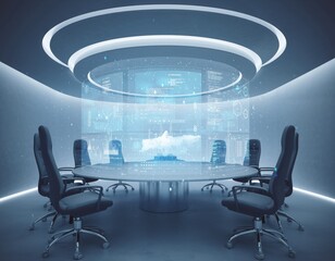 Futuristic Meeting Room: A sleek, modern conference room showcases an integrated, advanced visual display, symbolizing innovation and technological prowess.