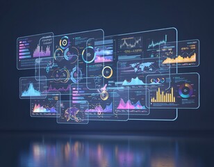 Data Visualization in the Digital Age: An intricate array of digital dashboards and data visualizations illuminates with a futuristic, ethereal glow.