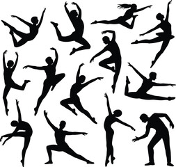 Dance silhouette, expressive pose collection, black motion icons, dynamic movement design, graceful body artwork, physical gesture, human action illustration