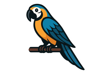 Vibrant blue and yellow macaw parrot perched on a branch with a white background illustration