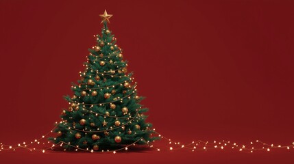 Árbol de Navidad decorado con adornos de color dorado y verde sobre fondo de color rojo