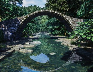 Arch Bridge Serenity: A picturesque stone arch bridge gracefully spans a tranquil river, its reflection mirrored in the clear water below.