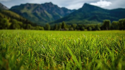 Meadow grass meets mountain backdrop under a cloudy sky