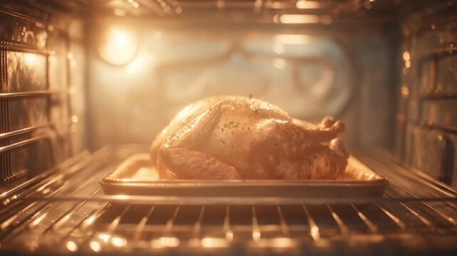 Cinematic Thanksgiving Turkey Roasting in the Oven, Showcasing Golden Crisp Skin, Warm Holiday Lighting, Rising Steam, Rich Aromas, and the Cozy Festive Atmosphere of a Traditional Family Feast Food