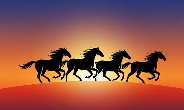 Majestic herd of horses galloping silhouetted against a vibrant sunset sky