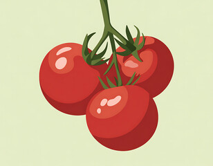 Fresh ripe red tomatoes hanging on the vine against a soft yellow background