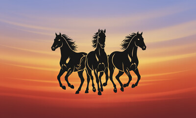 Majestic herd of horses galloping silhouetted against a vibrant sunset sky