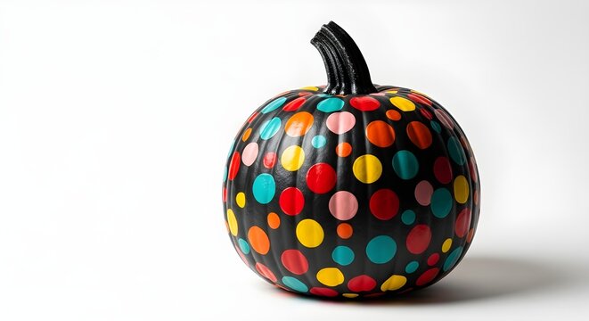 A single black painted pumpkin decorated with a vibrant pattern of colorful polka dots on a clean white background