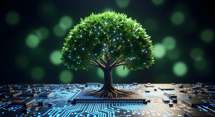 Vibrant green tree with lush foliage growing from a futuristic glowing blue circuit board with bokeh lights