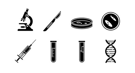 Essential medical tools and equipment icons for innovative healthcare solutions and advanced scientific research in modern black and white design
