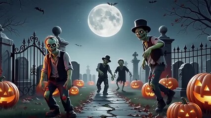Halloween celebration with goofy zombies dancing among glowing pumpkins under a full moon in a spooky gothic cemetery—perfect for invitations, posters, and events. - Powered by Adobe