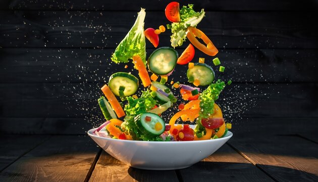 Culinary Symphony of Freshness: An artful display of garden-fresh ingredients, exploding with vibrant colors and textures, perfectly poised in a crisp bowl, celebrating the essence of healthy eating.