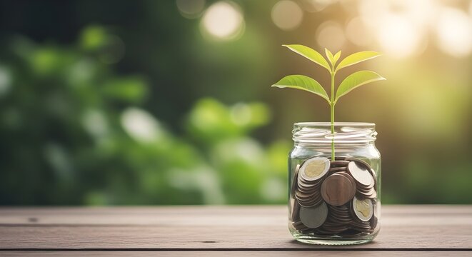 A small green plant sprouts from a glass jar filled with coins on a wooden surface with a blurred natural background and warm sunlight