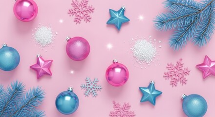 Festive pink Christmas layout featuring blue spruce, pink ornaments and snow on a pastel pink background, perfect for holiday projects.