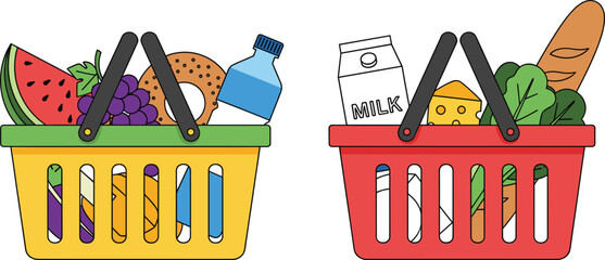 Set of Two Colorful Shopping Baskets Full of Groceries, Including Fruits, Vegetables, Milk, Bread, and Cheese, Representing Supermarket Shopping Vector Illustration