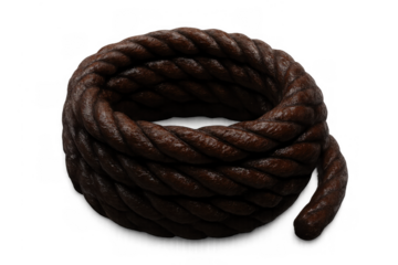 Coiled dark brown nautical rope, thick twisted cord for mooring, climbing, and securing isolated on transparent background