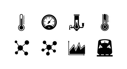 Explore science and engineering with detailed black and white icons of thermometers, gauges, molecules, graphs, and trains for educational content