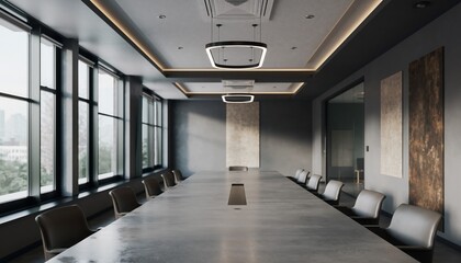 Modern Boardroom: A sleek, modern boardroom with large windows offering panoramic city views. Designed to inspire focus and collaboration, the space features a long table, comfortable chairs.