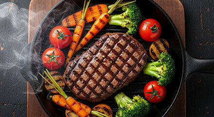 Delicious grilled steak with fresh vegetables cooked in a cast iron pan, creating a mouthwatering meal