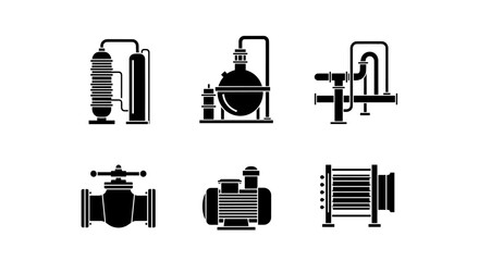 Essential industrial equipment icons for engineering and manufacturing, perfect for diagrams, presentations, and technical designs in sleek black