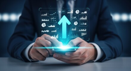 Businessman using mobile app for data analysis and growth, visualizing key performance indicators for improved performance and success.