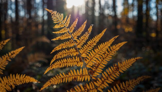 Golden Fern in Sunlight: Capturing the intricate details of a vibrant, golden fern leaf in its natural woodland setting, kissed by warm sunlight. - Powered by Adobe