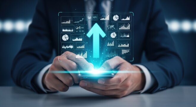 Businessman using mobile app for data analysis and growth, visualizing key performance indicators for improved performance and success. - Powered by Adobe