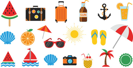 Flat Design Summer Holiday and Vacation Icons Set, Including Watermelon, Sunglasses, Suitcase, Palm Tree, and Beach Travel Elements Vector Illustration