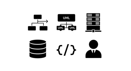 Streamlined IT infrastructure icons visualizing database, UML diagrams, server, code, and user management concepts for modern tech solutions