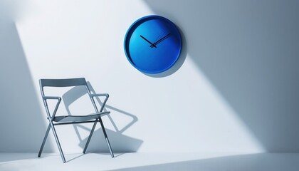 Time's Precision: A modern blue clock, perfectly synchronized, casts a cool shadow on the wall, subtly highlighting an empty chair as if waiting. Capturing time's essence in a minimalist setting.