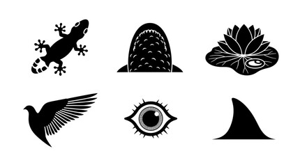 Striking black silhouettes with a mystical vibe featuring a bird, reptile, eye, shark, and flower, perfect for edgy designs and creative projects