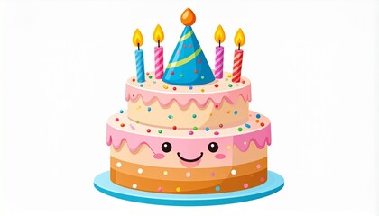 Birthday cake with candles and cone hat, cute smiling birthday cake, birthday cake vector, annual celebration